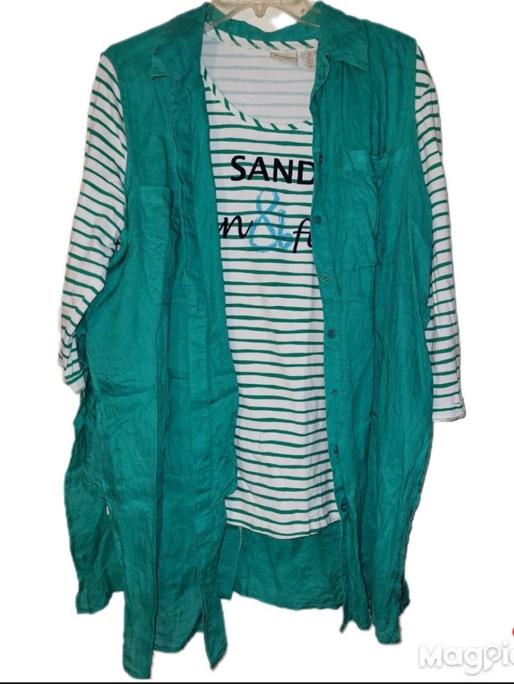 2 Piece Chico's T, Button Up Green Shirt Set Vacation 3/3P Graphic Fun